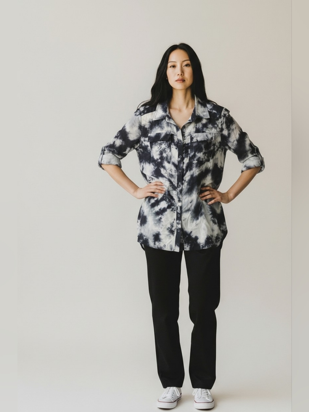 a.n.a Black and White Tie-Dye Button-Up Blouse